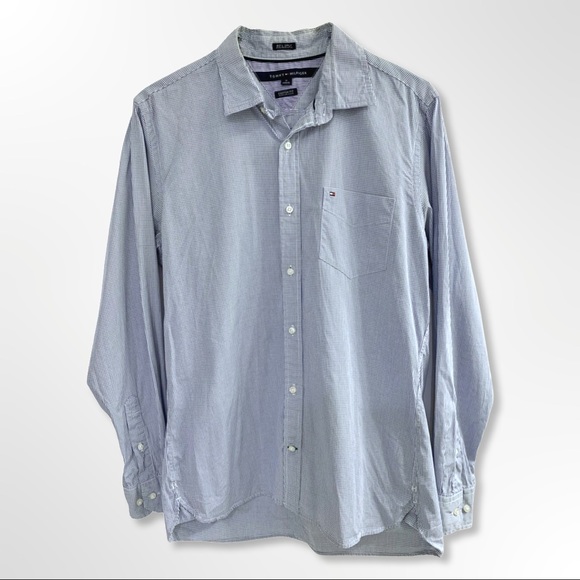 TOMMY HILFIGER • Men’s Custom Fit Blue, White Long Sleeve Checkered 80s 2PLY - Picture 1 of 13